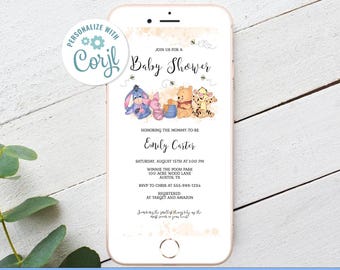 May include: A Winnie the Pooh themed baby shower invitation with a watercolor illustration of Winnie the Pooh, Piglet, and Tigger. The invitation is for Emily Carter and includes the date, time, location, and RSVP information.
