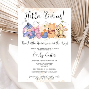 Winnie the Pooh Hello Babies Baby Shower Invitation Template Winnie the Pooh Twins Baby Shower EDITABLE INSTANT DOWNLOAD Printable Corjl hp