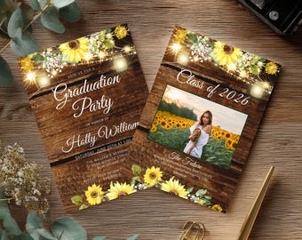 Sunflower Graduation Party Invitation Template Rustic Barnwood Lights EDITABLE INSTANT DOWNLOAD Printable a0