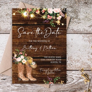 Rustic Cowgirl/Boy Save the Date Invite Template Western Save the Date Pink Floral Cowgirl/Boy Boot Fairy Light EDITABLE INSTANT DOWNLOADpcc