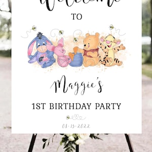 Winnie the Pooh Welcome to Birthday Party Sign Template Winnie Pooh 1st Birthday Our Little Hunny is Turning 1 EDITABLE INSTANT DOWNLOAD hp