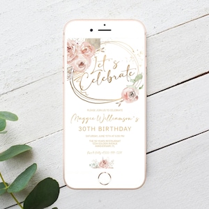 Boho Rose Gold Let's Celebrate Adult Birthday Electronic Invitation Template Smartphone Text Message Boho Floral EDITABLE INSTANT DOWNLOADbr