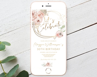 Boho Rose Gold Birthday Invitation Template, Floral Electronic Text (Instant Download)
