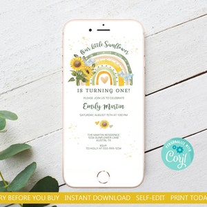 Boho Unsere kleine Sonnenblume dreht sich eine elektronische Einladungsvorlage zum 1. Geburtstag Smartphone Textnachricht EDITIERBARER SOFORTIGER DOWNLOAD os