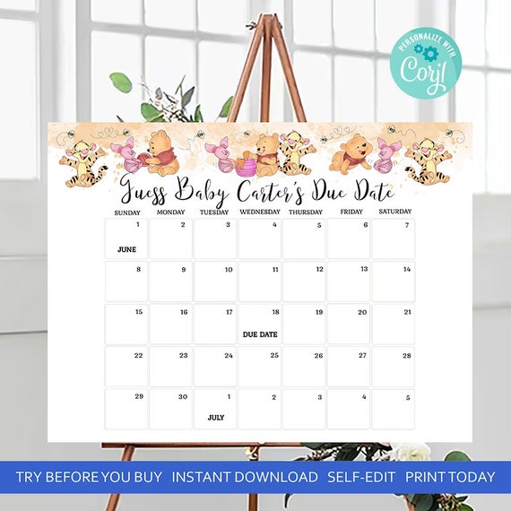 Winnie the Pooh Guess the Due Date Calendar Template Winnie Pooh It's a  Girl Baby Shower A Little Hunny Shower EDITABLE INSTANT DOWNLOAD Hp - Etsy