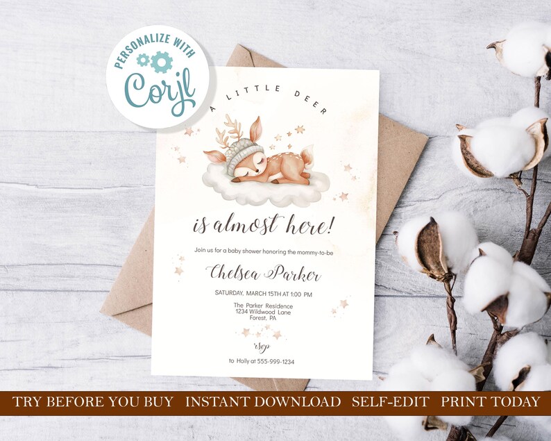 A Little Deer is Almost Here Baby Shower Invitation Template Cute Deer