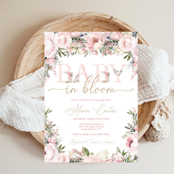 Baby in Bloom Girl Baby Shower Invitation Template Girl Baby Shower Pink Peony Floral EDITABLE INSTANT DOWNLOAD Printable Invite bib