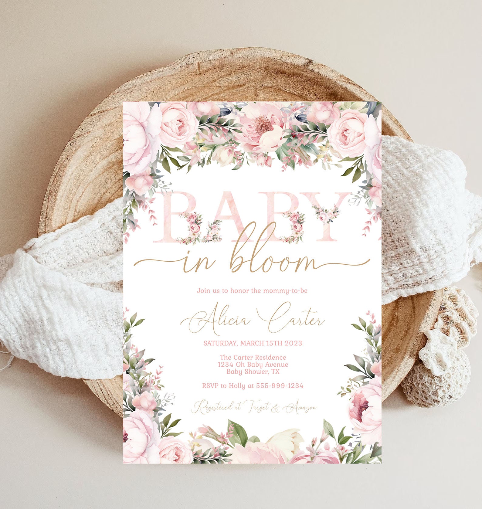 Baby in Bloom Girl Baby Shower Invitation Template Girl Baby Shower Pink Peony Floral EDITABLE INSTANT DOWNLOAD Printable Invite bib