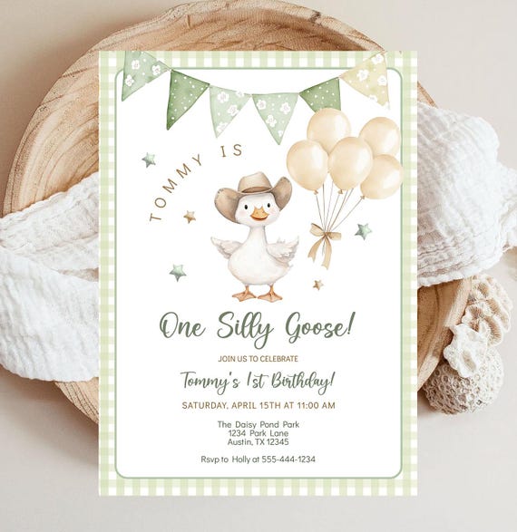 One Silly Goose 1st Birthday Party Invitation Template Goose Birthday Green Gingham Cowboy EDITABLE INSTANT DOWNLOAD