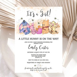 Winnie the Pooh It&#39;s a Girl Baby Shower Invitation Template A Little Hunny is on the Way Girl Shower EDITABLE INSTANT DOWNLOAD Printable hp