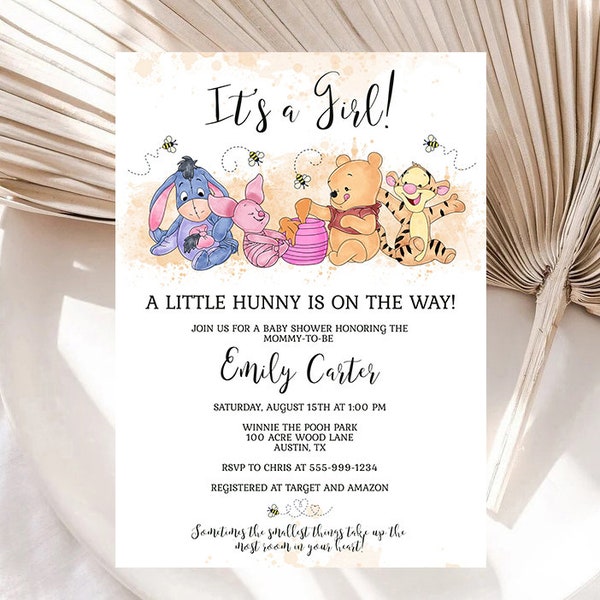 Winnie the Pooh It's a Girl Baby Shower Invitation Template A Little Hunny is on the Way Girl Shower EDITABLE INSTANT DOWNLOAD Printable hp