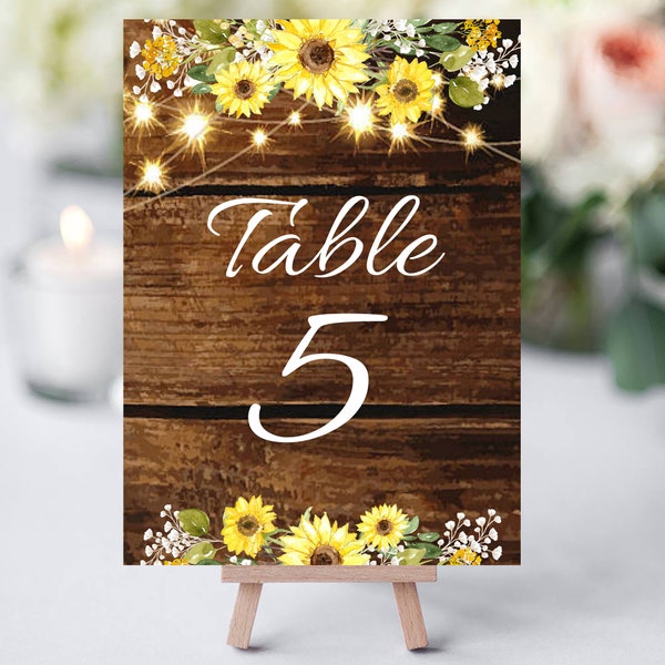 Rustic Sunflower Wedding Table Number Template Country Wedding, Rustic Wood, Fairy Lights, Babies Breath, 100% EDITABLE INSTANT DOWNLOAD a03