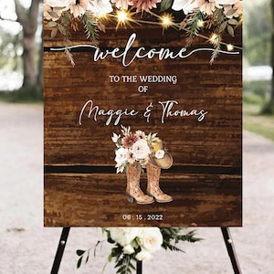 Rustic Boho Wedding Welcome Sign Template Boho Cream Rust Floral Cowgirl Wedding Cowboy Boots Fairy Lights EDITABLE INSTANT DOWNLOAD rb
