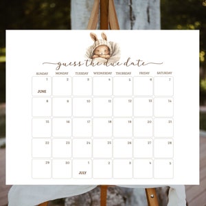 Pu&ograve; includere: Un gioco di baby shower stampabile con un calendario dei mesi di giugno e luglio. Il gioco chiede agli ospiti di indovinare la data di nascita del bambino. Il calendario &egrave; decorato con un simpatico coniglietto dei cartoni animati.