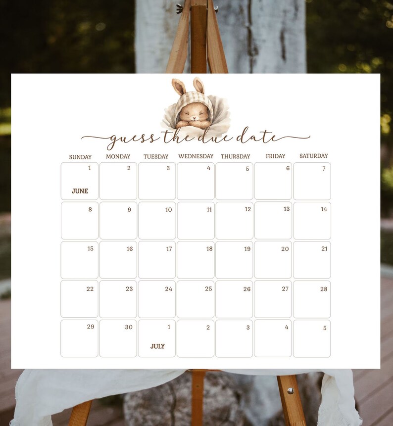 Pu&ograve; includere: Un gioco di baby shower stampabile con un calendario dei mesi di giugno e luglio. Il gioco chiede agli ospiti di indovinare la data di nascita del bambino. Il calendario &egrave; decorato con un simpatico coniglietto dei cartoni animati.