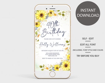 Sunflower Electronic Birthday Invitation Template Text Message Invite Smartphone Adult or Kids Birthday Invite Editable Instant Download sb