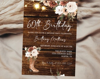 Rustic Boho Floral Birthday Invitation Template Cowgirl Boot Milestone Any Age Birthday EDITABLE INSTANT DOWNLOAD Printable Invite