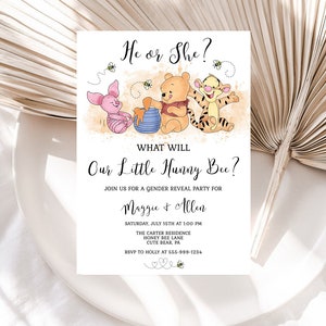 What Will Our Little Hunny Bee Gender Reveal Party Invitation Template Winnie Pooh Theme Honey Bees EDITABLE INSTANT DOWNLOAD Printable hp