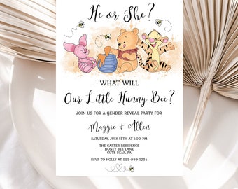 What Will Our Little Hunny Bee Gender Reveal Party Invitation Template Winnie Pooh Theme Honey Bees EDITABLE INSTANT DOWNLOAD Printable hp