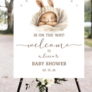 K&ouml;nnte beinhalten: Ein wei&szlig;es Schild mit einer braunen Hasenillustration und dem Text "Some Bunny is on the way! Welcome to Alicia's Baby Shower 02.15.24".