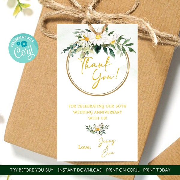 EDITABLE Daisy Greenery Favor Tag Template 50th Wedding Anniversary Any Event Thank You Tag Label Golden Anniversary INSTANT DOWNLOAD gd