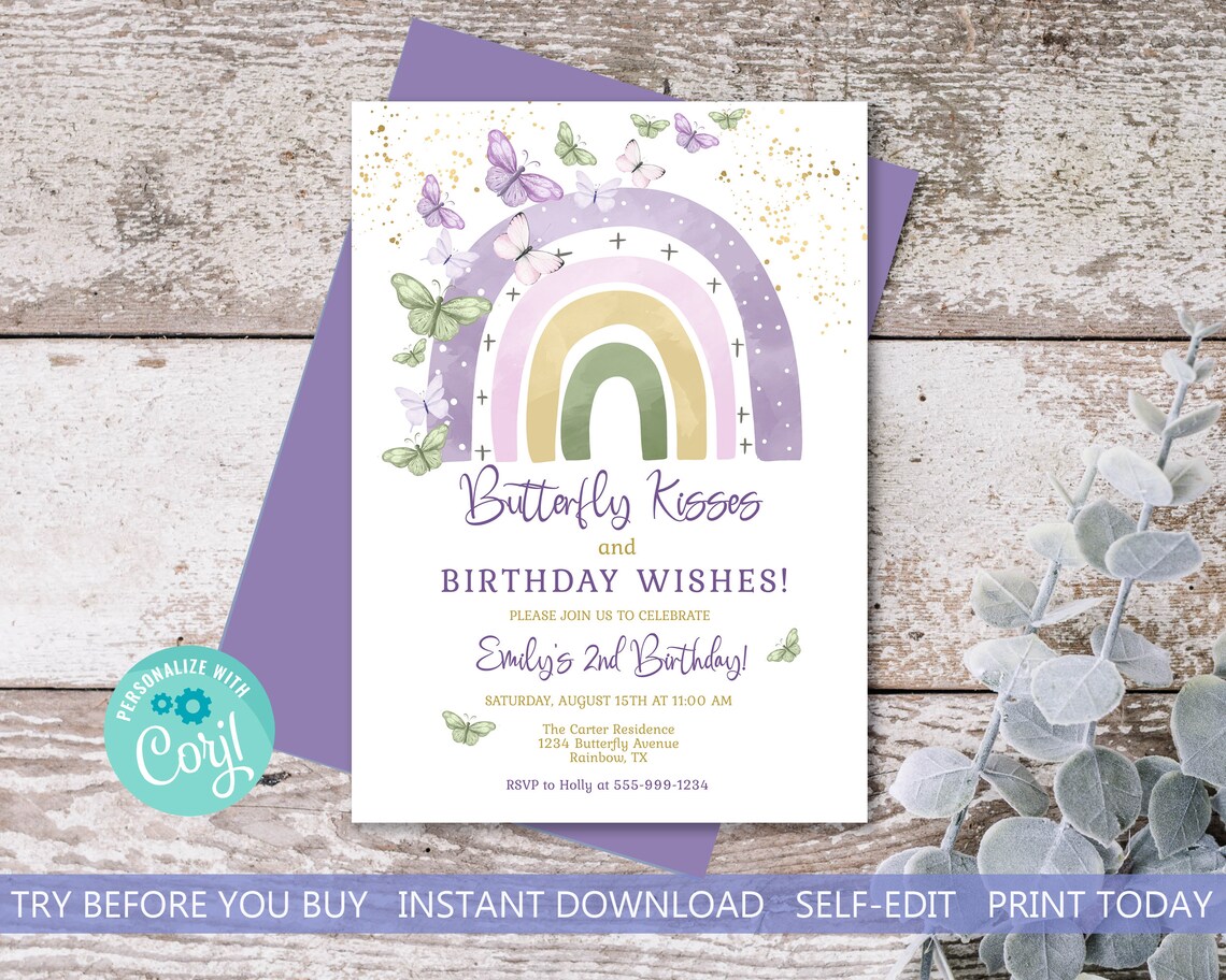 Butterfly Kisses and Birthday Wishes Birthday Invitation Etsy