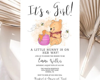 A Little Hunny is on the Way Girl Baby Shower Invitation Template Winnie the Pooh Shower It&#39;s a Girl Shower EDITABLE INSTANT DOWNLOAD hp
