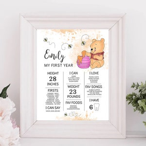 Winnie the Pooh 1st Birthday Milestone Board Template Girl 12 Month Milestone Our Little Hunny is Turning 1 EDITABLE INSTANT DOWNLOAD hp