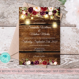 Rustic Burgundy Floral Wedding Invitation Template Marsala Wedding Invite Fairy Lights Mason Jars Rustic Wood EDITABLE INSTANT DOWNLOAD rb