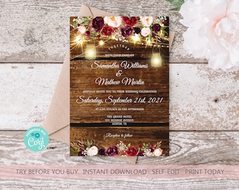 Rustic Burgundy Floral Wedding Invitation Template Marsala Wedding Invite Fairy Lights Mason Jars Rustic Wood EDITABLE INSTANT DOWNLOAD rb