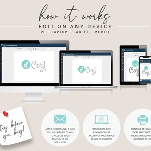 K&ouml;nnte beinhalten: Illustration, die zeigt, wie man druckbare Vorlagen auf einem Computer, Laptop, Tablet oder Mobiltelefon bearbeiten kann. Der Text lautet "how it works EDIT ON ANY DEVICE PC LAPTOP TABLET MOBILE".