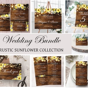 Rustic Sunflower Wedding Invitation Bundle Template Rustic Wedding Fairy Lights Rustic Barn Wood 100% EDITABLE INSTANT DOWNLOAD a03
