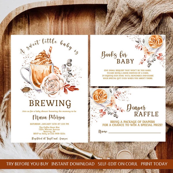 A Sweet Baby is Brewing Baby Shower Invitation Template Set Coffee Baby Shower Gender Neutral EDITABLE INSTANT DOWNLOAD Printable Invite cb