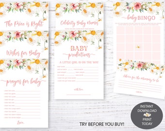 Daisy Baby Shower Baby Game Bundle Templates, Daisy It's A Girl Baby Shower, 7 Printable Baby Shower Games, Editable Instant Download c02