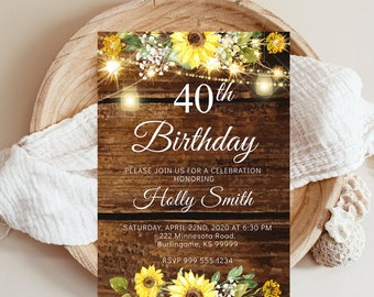 Rustic Sunflower Birthday Invitation Template, Barn Wood (Editable, Instant Download)