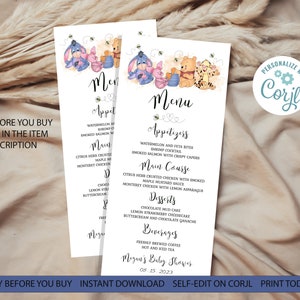 Winnie the Pooh Baby Shower Menu Template A Little Hunny is on the Way Winnie & Friends Shower Menu EDITABLE INSTANT DOWNLOAD Printable hp