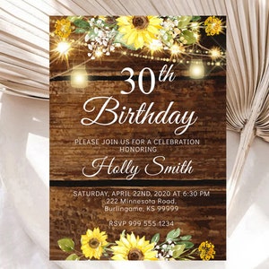 Rustic Sunflower Birthday Invitation Template (Digital Download)