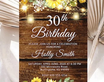 Rustic Sunflower Birthday Invitation Template (Digital Download)