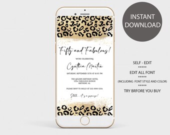 50th Birthday Invitation Template, Leopard Print, Gold (Digital Download)