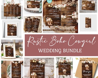 Puede incluir: Paquete de boda rústico boho Cowgirl para descargar digitalmente. Este conjunto incluye una variedad de carteles de boda, como un cartel de bienvenida, un cartel de guardar la fecha, un plano de asientos, un menú y un cartel de agradecimiento. Los carteles presentan un fondo de madera con detalles florales y botas de vaquero.