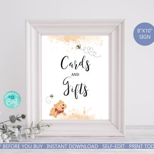May include: Printable 8x10 inch sign with a Winnie the Pooh character and bees. The sign says "Cards and Gifts" in black text on a yellow watercolor background.