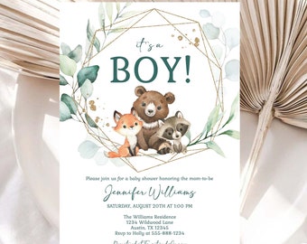 It's a Boy Baby Shower Invitation Template Woodland Forest Animal Shower Eucalyptus Greenery EDITABLE INSTANT DOWNLOAD Printable Invite wa