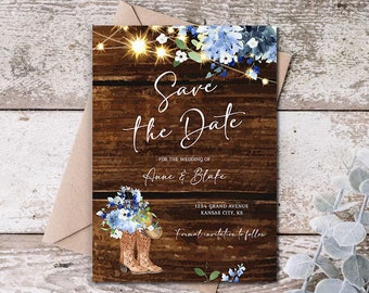 Rustic Cowgirl/Boot Save the Date Template Powder Cobalt Blue Floral Cowgirl/Boy Wedding Fairy Lights Barn Wood EDITABLE INSTANT DOWNLOADrbc