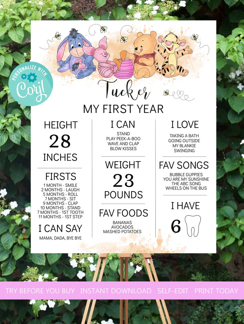 Winnie the Pooh Girl Milestone Birthday Board Sign/poster Girl 1st ...
