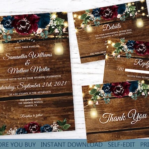 Rustic Teal Burgundy Wedding 4 Card Set Template Turquois Marsala Wedding Fairy Lights Mason Jars Barn Wood EDITABLE INSTANT DOWNLOAD rbt