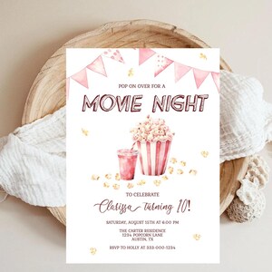 Movie Night Birthday Day Invitation Template Pop on Over Popcorn Movie ...