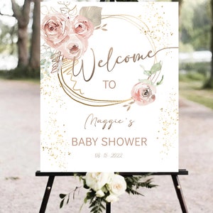 Boho-Roségold-Willkommen bei der Babyparty-Schild-Vorlage, staubiges Rosa, Oh Babyparty, puderrosa Willkommensposter, EDITIERBARER SOFORT-DOWNLOAD, br