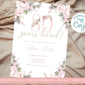 80. Geburtstag Party Einladung Vorlage 80 Jahre geliebt Karte Invite Rosa Pfingstrosen EDITIERBAR Auf Corjl INSTANT DOWNLOAD Printable p1