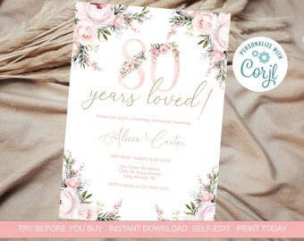 Puede incluir: Una invitación de cumpleaños con diseño floral rosa y blanco, con el número 80 en un círculo rosa. El texto dice "¡80 años de amor!" y "Por favor, únase a nosotros para una celebración de cumpleaños en honor a Alicia Carter". La invitación incluye la fecha, la hora, la ubicación y la información de RSVP.