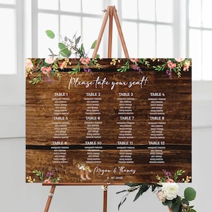 Editable Rustic Cowgirl Wedding Table Seating Chart Template Cowboy Boots Boho Blush Floral Barn Wood Instant Download Printable Chart pcc